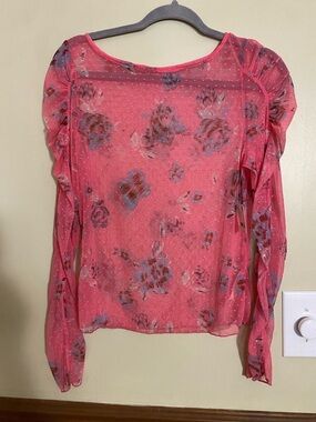 Free People Pink Sheer Floral Dot-Texture Long Sleeve Top